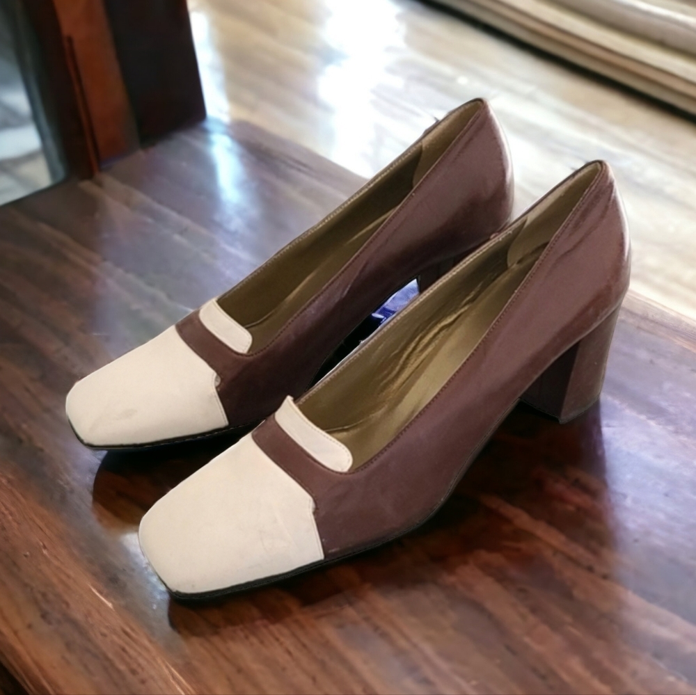 VTG YSL Retro Mod Square Toe Leather Pumps 8 N Heels Brown Yves Saint Laurent - Picture 4 of 16
